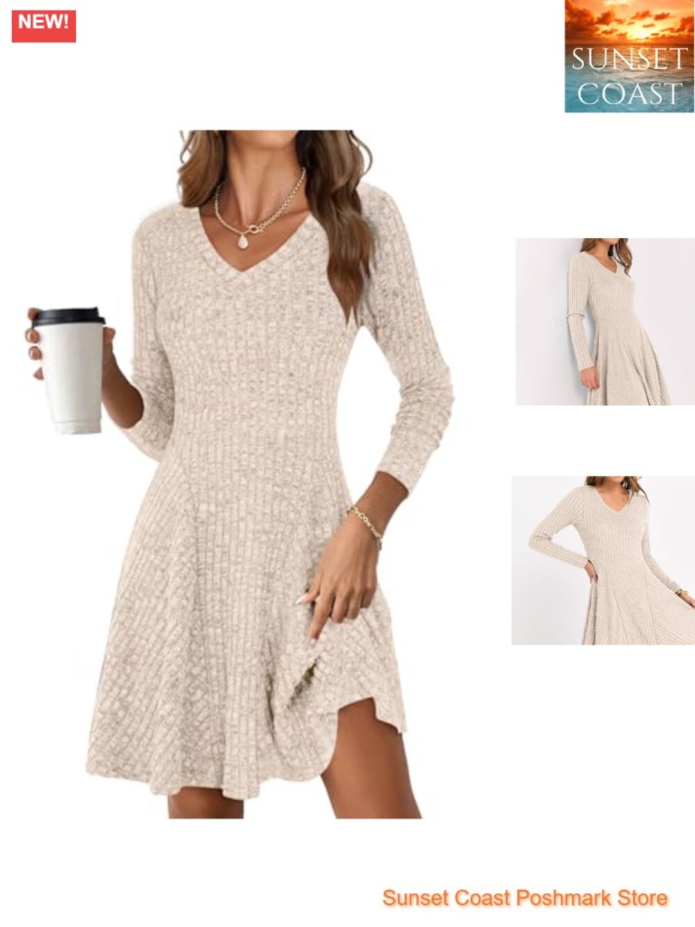 Ribbed Knit V-Neck Long Sleeve Short Sweater Dress Knee Length Casual